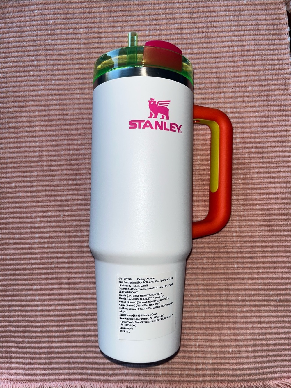 Stanley White Tumbler with Neon Green Lid and Orange Handle